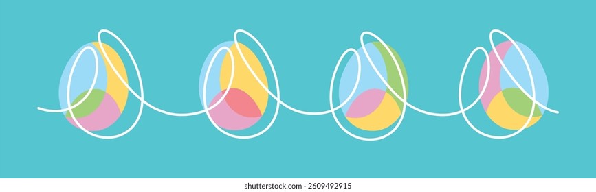 Happy Easter background. Easter continuous handwritten line design with pastel colors Easter eggs on sea green background