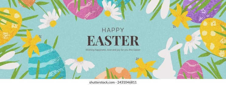 Happy Easter background. Creative Easter vector illustration with hand drawn eggs, flowers, grass, bunny. Trendy banner for design of party, flyer, event, celebration, ad, branding, cover, card, sale.