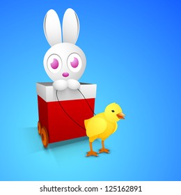 Happy Easter background with cute bunny in red gift cart and little chick on blue background.
