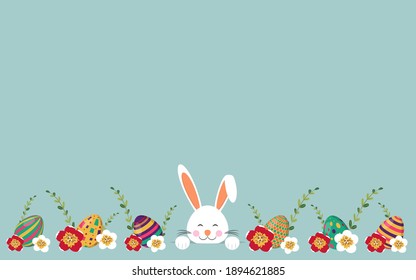 Happy Easter background. Cute bunny. Colored eggs, flowers and branches. Vector illustration isolated on a blue background.