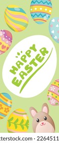 Happy Easter background with cute bunny and colorful eggs. Vector illustration.
