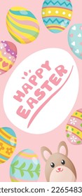 Happy Easter background with cute bunny and colorful eggs. Vector illustration.