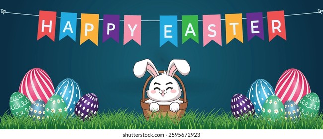 Happy Easter Background with Cute Bunny in Basket, Colorful Eggs, and Festive Flags on Green Grass – Easter Day Vector for Banner, Poster, or Template