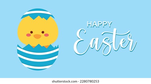 Happy easter background with cute chick and easter egg, vector illustration