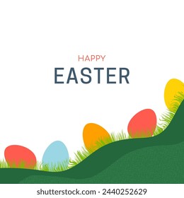 Happy Easter background. Cute holiday banner design with spring grass, colorful eggs and typography. Modern art minimalist style. Vector illustration