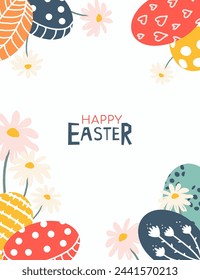 Happy Easter background. Cute holiday banner design with spring flowers and colorful eggs. Modern art minimalist style. Vector illustration