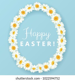 Happy Easter background with daisy chain. Chamomile egg shape frame with text on blue background. Vector illustration