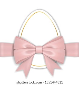 Happy Easter background, decorated egg. Gold white decoration paper frame. Greeting Easter 3D card. Border template, pink ribbon bow. Holiday design poster, banner, invitation Vector illustration