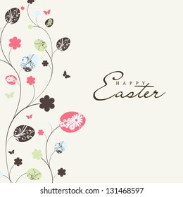 Happy Easter background with decorated eggs and flowers.