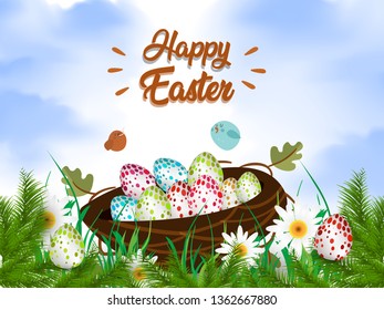 Happy Easter background with decorated eggs, confetti. Vector illustration greeting card, ad, promotion, poster, flyer, web-banner, article - Vector