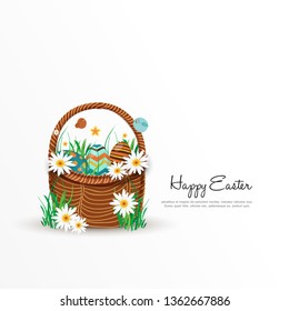 Happy Easter background with decorated eggs, confetti. Vector illustration greeting card, ad, promotion, poster, flyer, web-banner, article - Vector
