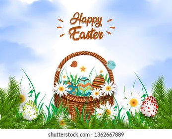 Happy Easter background with decorated eggs, confetti. Vector illustration greeting card, ad, promotion, poster, flyer, web-banner, article - Vector