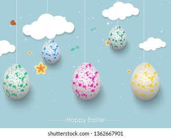 Happy Easter background with decorated eggs, confetti. Vector illustration greeting card, ad, promotion, poster, flyer, web-banner, article - Vector