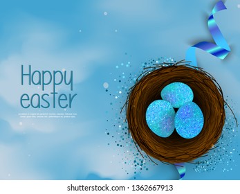 Happy Easter background with decorated eggs, confetti. Vector illustration greeting card, ad, promotion, poster, flyer, web-banner, article - Vector