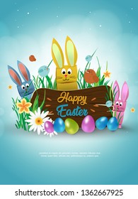 Happy Easter background with decorated eggs, confetti. Vector illustration greeting card, ad, promotion, poster, flyer, web-banner, article - Vector