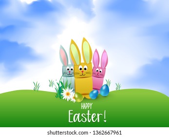 Happy Easter background with decorated eggs, confetti. Vector illustration greeting card, ad, promotion, poster, flyer, web-banner, article - Vector