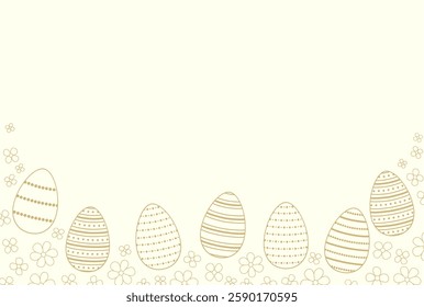 Happy Easter background with decorated eggs and flowers. Holiday invitation or greeting card. Vector illustration. Design pattern template. 