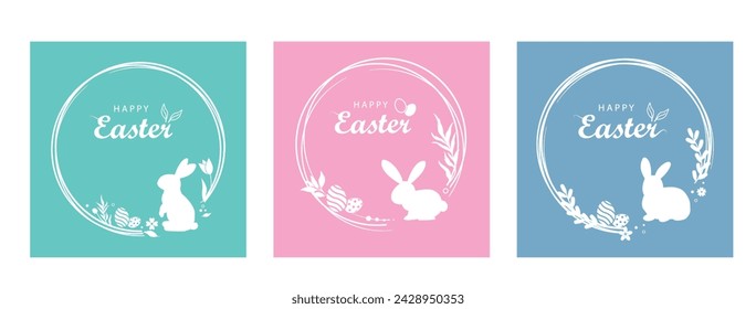 Feliz Pascua de fondo . Marco decorado de Pascua con huevos y conejo. Borde de Pascua con huevos de Pascua y conejo. Colección de tarjetas de felicitación.