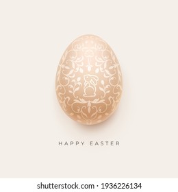 Happy Easter background with decorative cutting paper Easter egg. Pink photo realistic ornamental egg on a white backdrop. Vector illustration