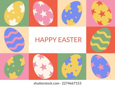 Happy Easter background with decorative dyed eggs. Minimalist geometric modern style design banner in bright colors. Vector illustration