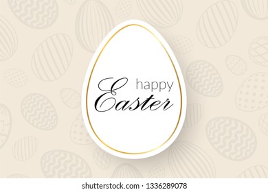 Happy Easter background, decorative text, eggs texture pastel. Greeting Easter 3D card. Gold decoration holiday frame, calligraphic letter inscription. Holiday design poster Vector illustration