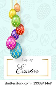 Happy Easter background, decorative text, hanging eggs, texture pastel. Greeting Easter 3D card. Gold decoration holiday frame, calligraphic letter inscription. Holiday design Vector illustration