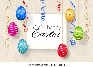 Happy Easter background, decorative text, hanging eggs, texture pastel. Greeting Easter 3D card. Gold decoration holiday frame, calligraphic letter inscription. Holiday design Vector illustration