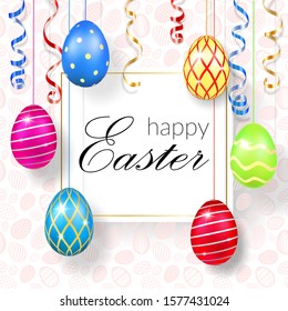 Happy Easter background, decorative text, hanging eggs, texture pastel. Greeting Easter 3D card. Gold decoration holiday frame, calligraphic letter inscription. Holiday design Vector illustration