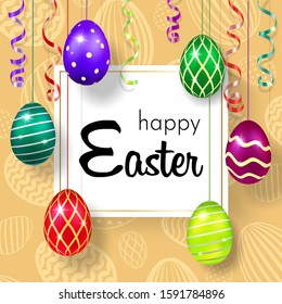 Happy Easter background, decorative text, hanging eggs, texture pastel. Greeting Easter 3D card. Gold decoration holiday frame, calligraphic letter inscription. Holiday design Vector illustration