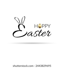 Happy Easter background, decorative text, gold egg texture. Greeting Easter 3D card. Rabbit bunny design. Gold decoration holiday, calligraphic letter inscription. Holiday poster Vector illustration