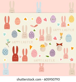 Happy easter background design. Happy easter cards with Easter bunnies and Easter eggs. Vector illustration.