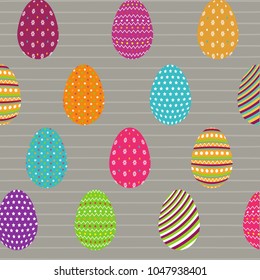Happy Easter background with different colorful eggs on grey