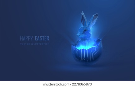 Happy easter background in digital tech style  Concept for greeting card and bunny   easter egg  Futuristic vector illustration and light effect