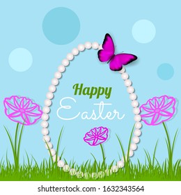 Happy Easter background with egg and grass in origami style. Realistic butterfly and pearls. Paper cut shapes. Beautiful vector illustration 3D. Design for cards, brochures, banners. Stock.