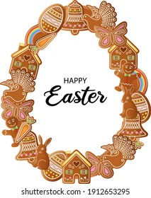 happy easter background egg shaped frame with gingerbread cookies