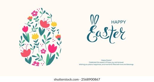 Happy Easter background with egg and spring flowers. Cute Easter decoration. Vector illustration in flat design.
