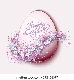 Happy Easter background with egg and spring flowers
