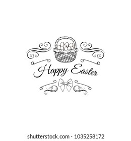Happy Easter background. Eggs in a basket. Swirly lines, ornate frames, bow. Vector illustration