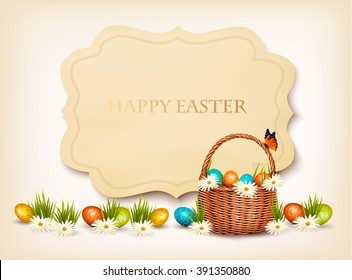 Happy Easter background. Eggs in a basket. Vector.