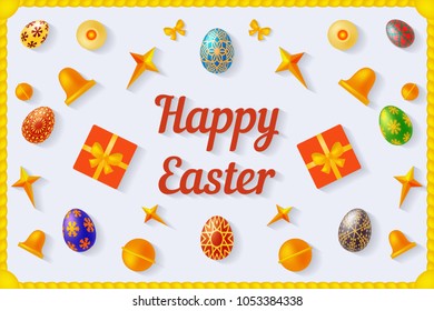 Happy Easter background with eggs, bells, bows and stars. Colorful vector illustration for easter invitations and greeting cards.