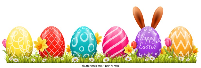 Happy easter background with easter eggs and easter bunny
