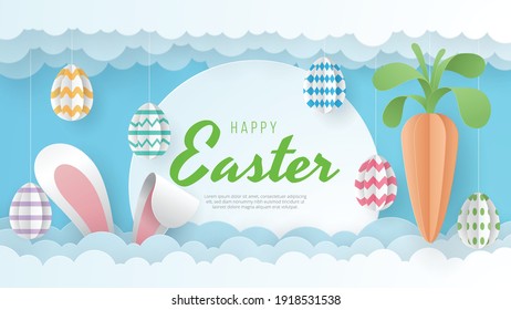 Happy Easter background with eggs, carrot, dan bunny. Paper Art. Vector Illustration.