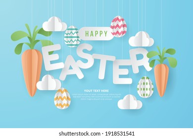 Happy Easter background with eggs, carrot, dan bunny. Paper Art. Vector Illustration.