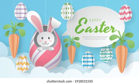 Happy Easter background with eggs, carrot, dan bunny. Paper Art. Vector Illustration.