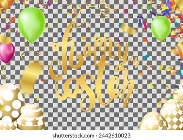 Happy Easter background with eggs, confetti and ribbons. Vector illustration.