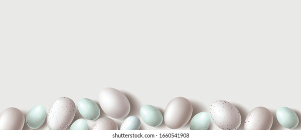 Happy Easter Background with Easter Eggs Decoration in Natural Eggshell color. Vector Easter banner with top view flat lay easter eggs and copy space