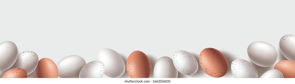 Happy Easter Background with Easter Eggs Decoration in Natural Eggshell color. Vector Easter banner with top view flat lay easter eggs and copy space