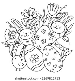 Happy Easter background with eggs, flowers, rabbits and chicken. Vector illustration for coloring book, greeting card, poster. 