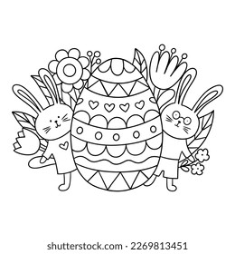 Happy Easter background with eggs, flowers, and rabbits. Vector illustration for coloring books, greeting cards, and posters. 