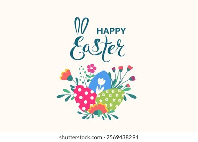 Happy Easter background with eggs, flowers and calligraphy. Cute Easter decoration for advertising banner, card or poster. Vector illustration in flat design.
